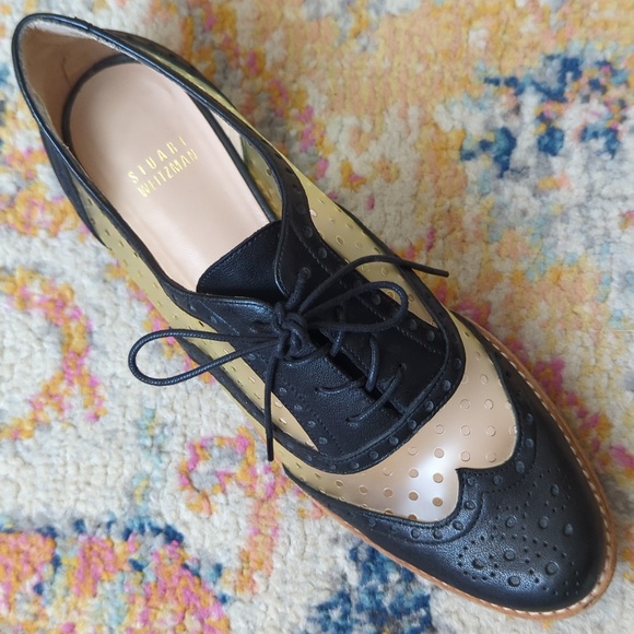 Stuart Weitzman Dandy Polka Dot Perforated Leather Wingtip Oxfords Black 8.5 - Picture 8 of 15